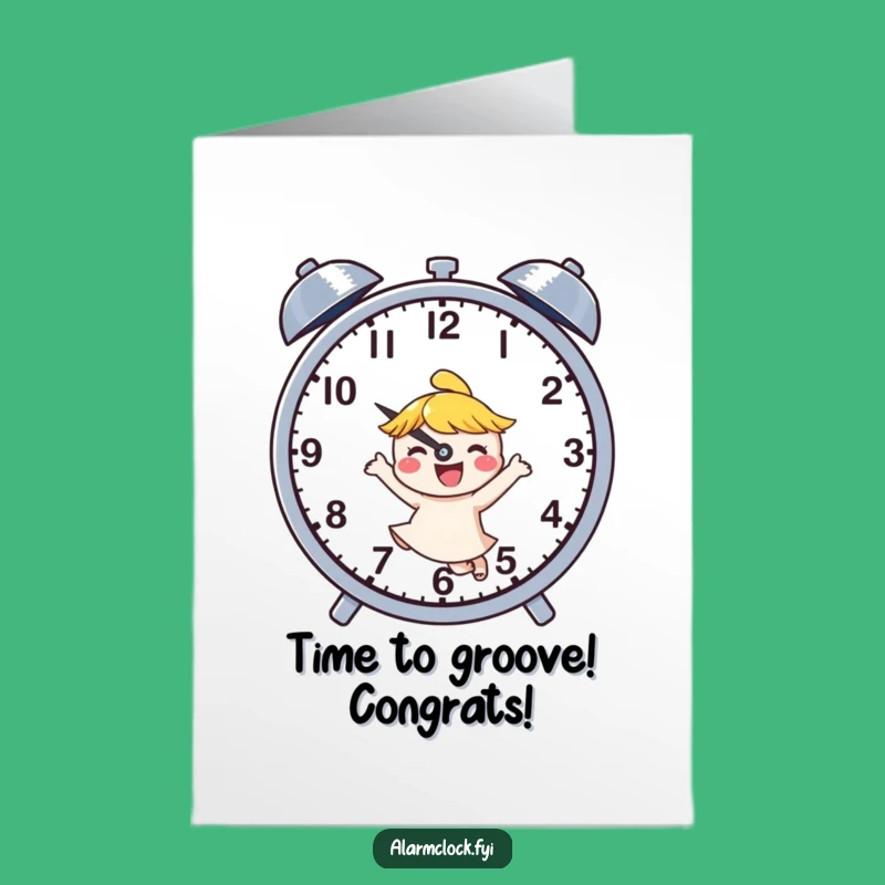 Free Printable Congrats Card Joyful Dancing Character Buzzing Clock Downloadable Gift