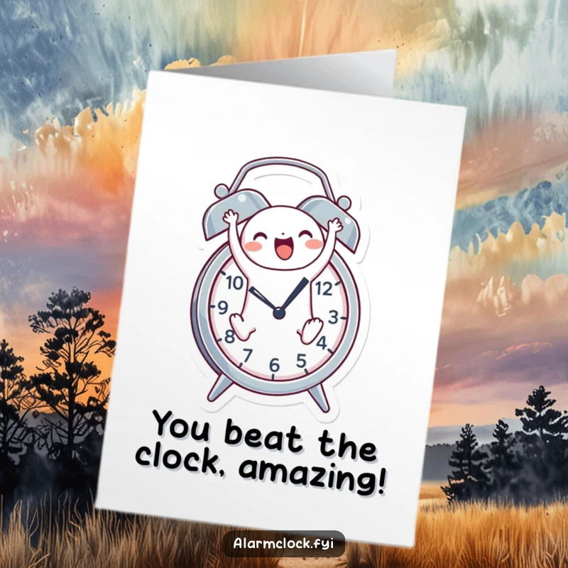 Funny free printable congratulations card with a cheerful character leaping out of an alarm clock, celebrating a success.