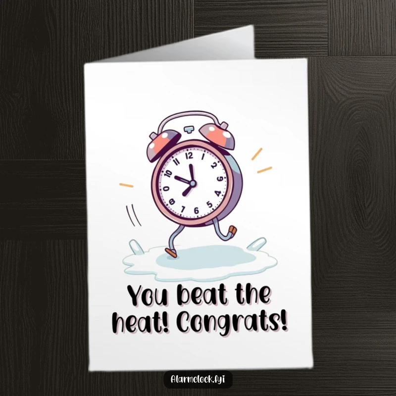Funny Free Printable Congratulations Card: Frantic alarm clock with legs flees a melting ice cube.