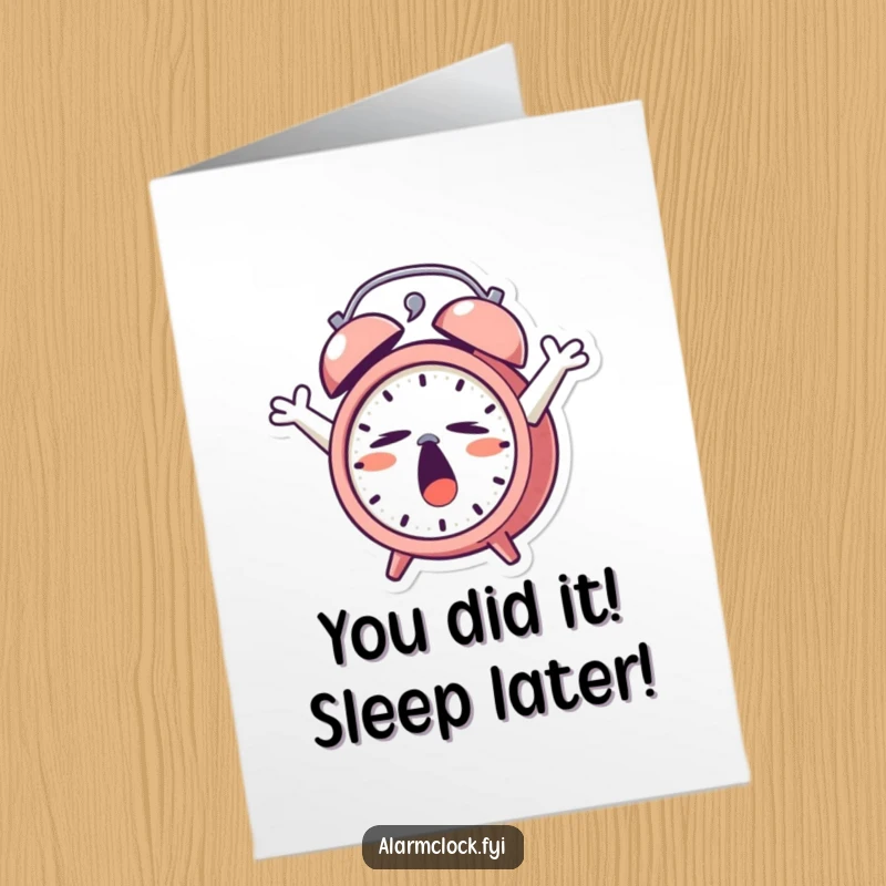 Funny Free Printable Congratulations Card showing a very sleepy alarm clock character in a big yawn.