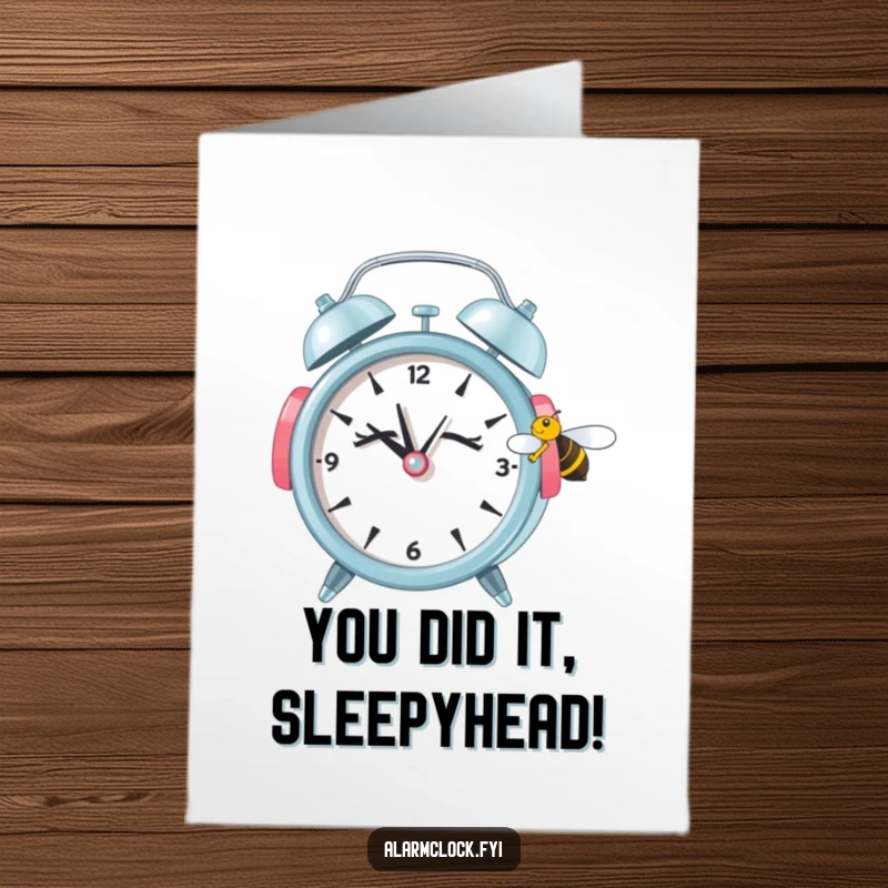 Funny Free Printable Congrats Card: Sleepy alarm clock wearing earmuffs tries to ignore a bee, a calm yet funny moment