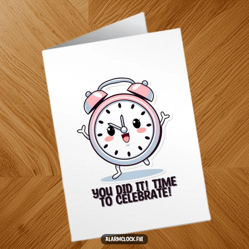 Funny Free Printable Congratulations Card: An ecstatic alarm clock character with tiny legs performing a happy dance.