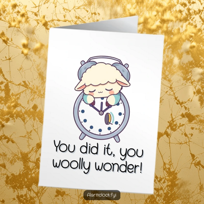 Funny Free Printable Congratulations Card: Sleepy sheep in pajamas snoozes on alarm clock, celebrating a peaceful win.