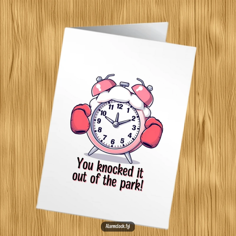 Funny Free Printable Congrats Card: A boxing alarm clock delivers a winning punch, celebrating victory.