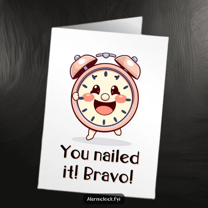 Funny Free Printable Congrats Card: Cheerful character grabbing a ringing alarm clock, celebrating a win.