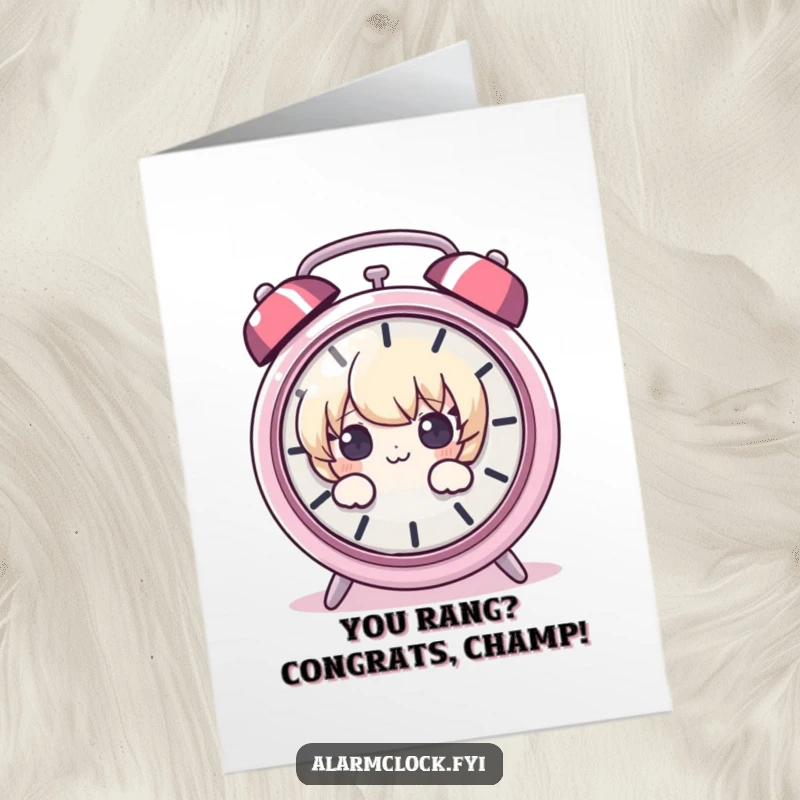 Funny Free Printable Congratulations Card: Curious character peeking nervously at a loud ringing alarm, a witty downloadable greeting.