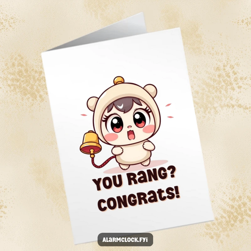 Funny Free Printable Congratulations Card: Cute wide-eyed character reacting with surprise to a celebratory bell.