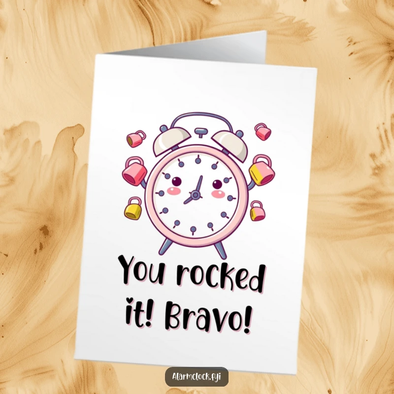 Funny Free Printable Congratulations Card showing a playful alarm clock character juggling bright alarm bells.