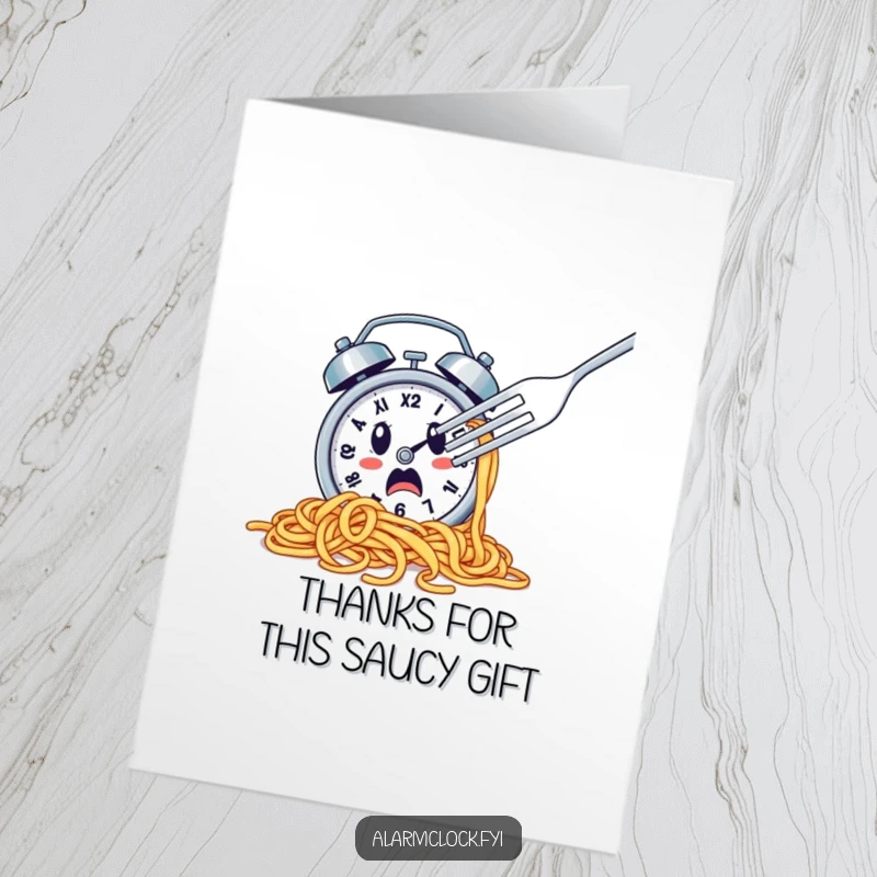 Funny Free Printable Thank You Card: A spaghetti-covered alarm clock escapes a ravenous fork, thanking you for help.