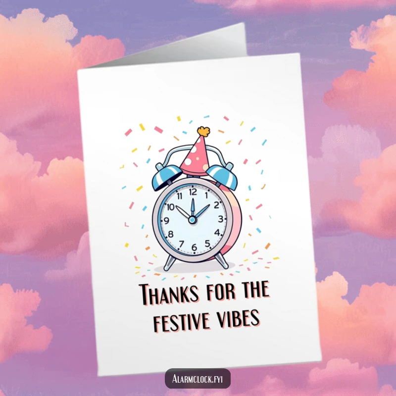 Funny Free Printable Thank You Card: A party alarm clock spins happily in confetti, saying thanks.