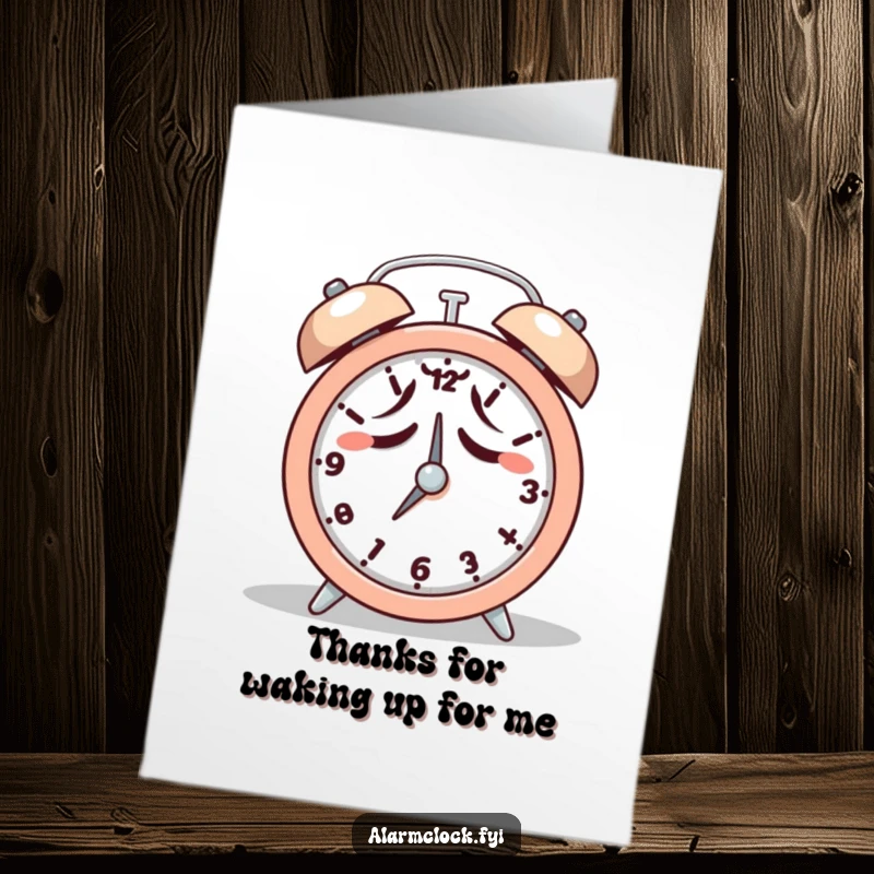 Funny free printable thank you card with a tired character reluctantly snoozing an alarm clock, expressing thanks, a perfect DIY gift.