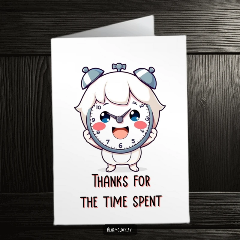Funny Free Printable Thank You Card: A beaming character holds up a clock face, conveying thanks for time spent or help given with joy.
