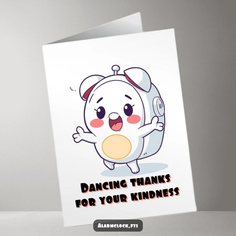 Funny Free Printable Thank You Card: a happy character dances to an alarm, expressing thanks with cheerful movement.