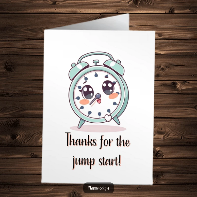 Funny Free Printable Thank You Card of a character with surprised, wide eyes, leaping away from a ringing alarm clock.