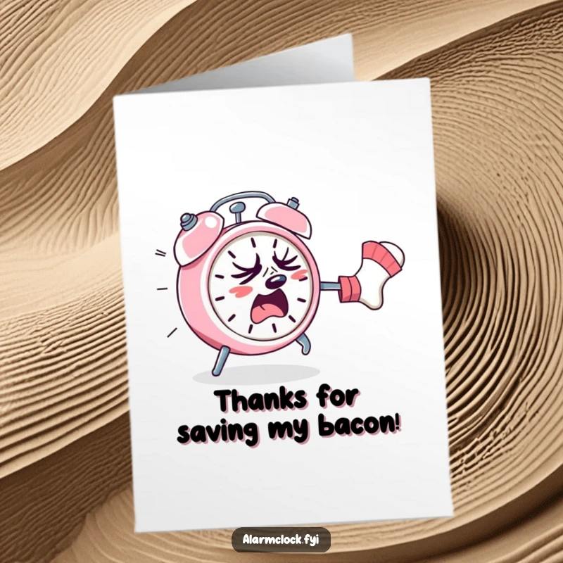 Funny Free Printable Thank You Card: Sweating alarm clock running from a sock, a comical way to express thanks