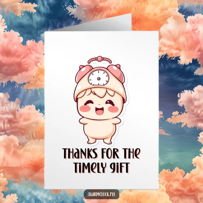 Funny Free Printable Thank You Card: Giggling character wearing a tiny alarm clock hat, beaming with thanks.