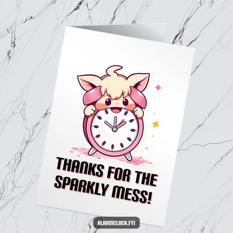 Funny Free Printable Thank You Card: Mischievous character happily sabotaging an alarm clock with a shower of glitter.