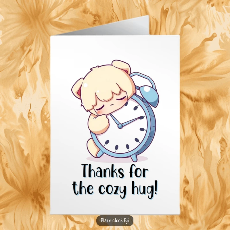 Funny Free Printable Thank You Card: A character hugging their alarm clock tightly while asleep, a humorous and endearing thank you DIY gift.