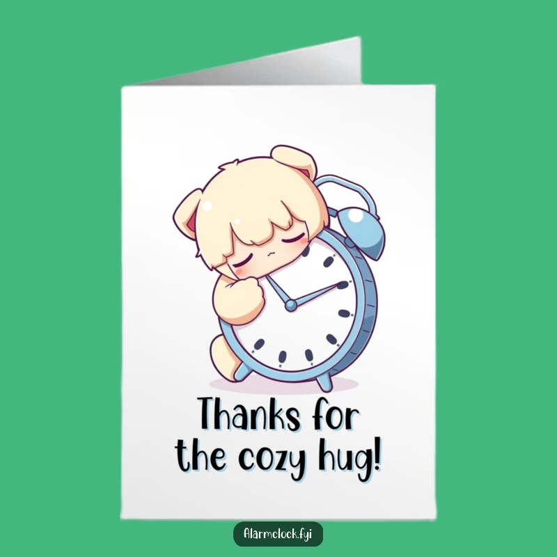 Free Printable Thank You Card: Sleepy Character's Alarm Clock Cuddle Downloadable Gift