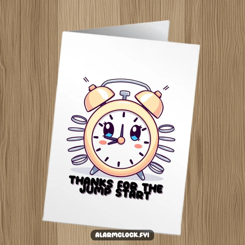 Funny Free Printable Thank You Card: Alarm clock springs erupt, looking comically surprised, a shocking DIY thank you