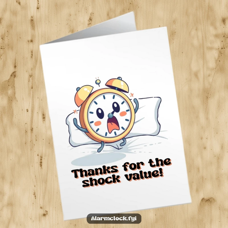 Funny Free Printable Thank You Card: A surprised alarm clock character leaping out of bed, conveying shock and thanks.