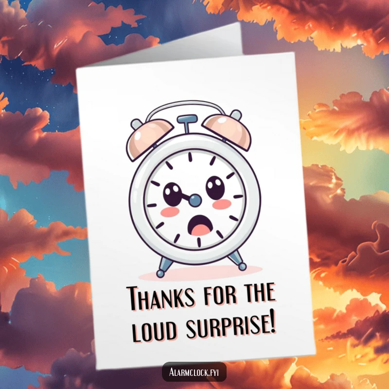 Funny Free Printable Thank You Card: An alarm clock character ringing loudly with a surprised face, conveying thanks with humor. DIY gift.