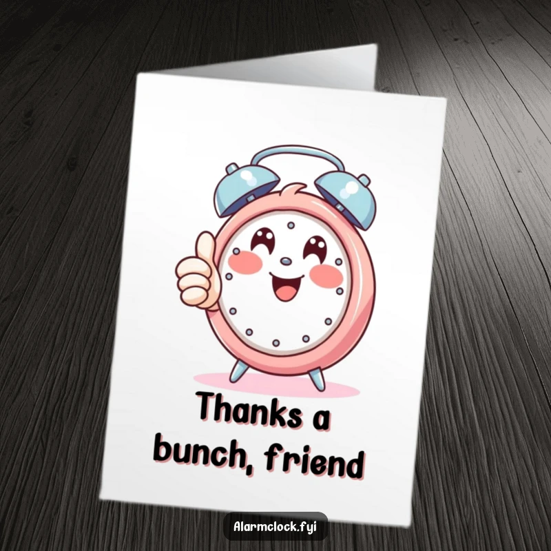 Funny Free Printable Thank You Card: Happy character giving a thumbs up while an alarm rings.