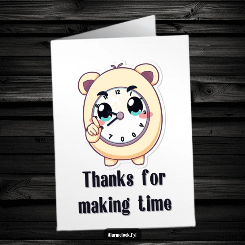 Funny Free Printable Thank You Card: Determined character pointing at a clock, signifying timely help and gratitude with a humorous touch.