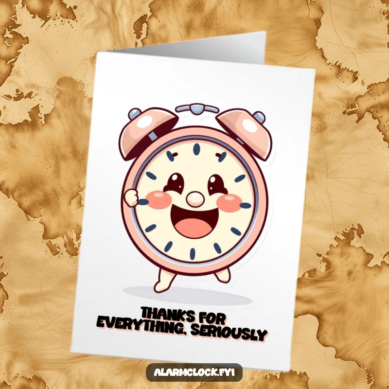 Funny Free Printable Thank You Card: Cheerful character determinedly grabbing a ringing alarm clock.