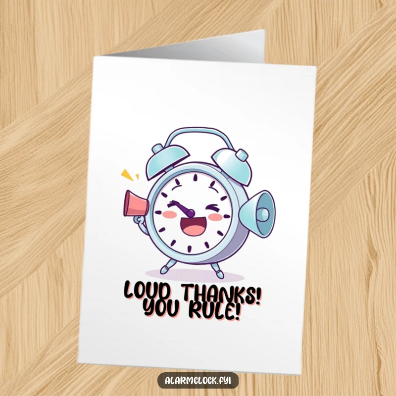 Funny Free Printable Thank You Card featuring a determined alarm clock character shouting greetings through a megaphone.