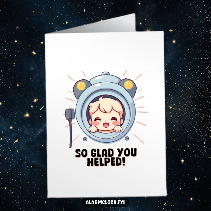 Funny Free Printable Thank You Card: Smiling character peeking from behind a giant, blaring alarm.