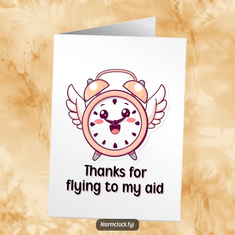 Funny Free Printable Thank You Card: Smiling winged alarm clock takes flight, expressing timely gratitude. A unique DIY thank you.