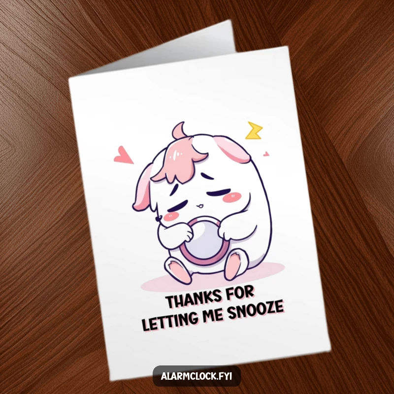 Funny Free Printable Thank You Card: Sleepy character hugging pillow, mid-snooze, saying thanks for quiet.