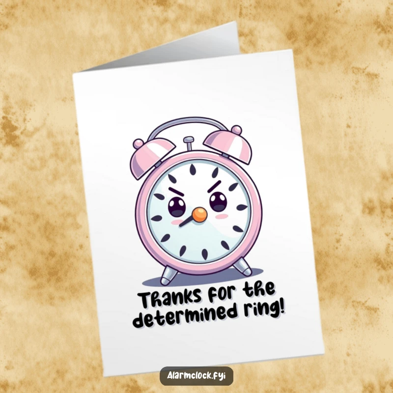 Funny Free Printable Thank You Card: An alarm clock character with a determined expression, ringing loudly, conveying thanks with a humorous DIY gift.