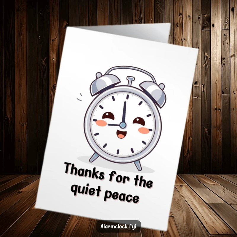 Funny Free Printable Thank You Card: Character happily sighing while turning off a loud alarm clock, a symbol of sweet relief.