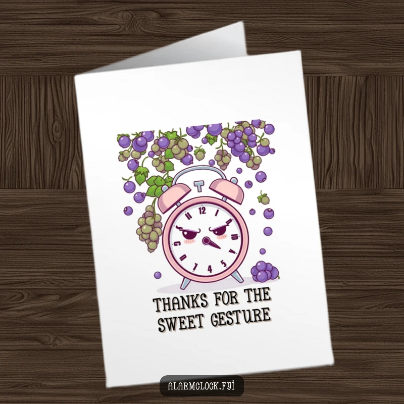 Funny Free Printable Thank You Card: Grumpy alarm clock showered with tiny grapes, a comical DIY thank you