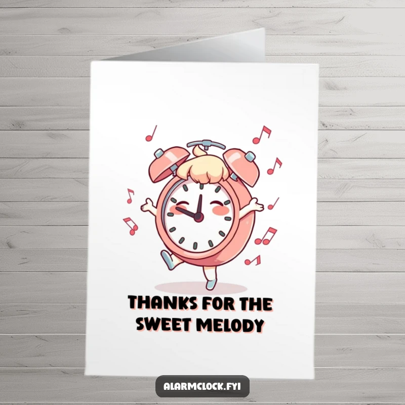 Funny Free Printable Thank You Card: Character joyfully dancing with a musical alarm clock, spreading cheer and thanks.