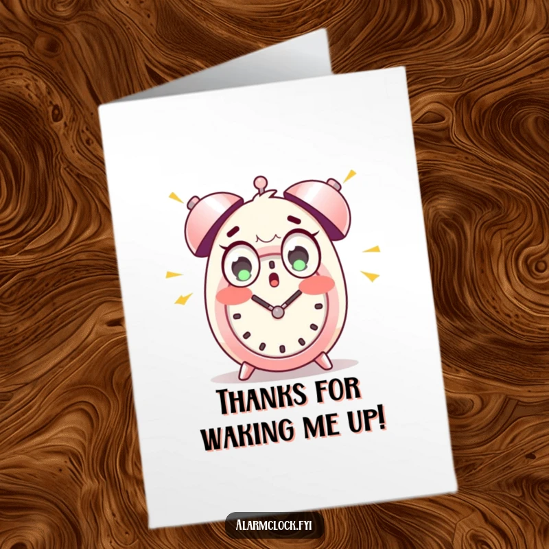 Funny Free Printable Thank You Card: Wide-eyed character shocked by loud alarm clock, a humorous expression of surprise.