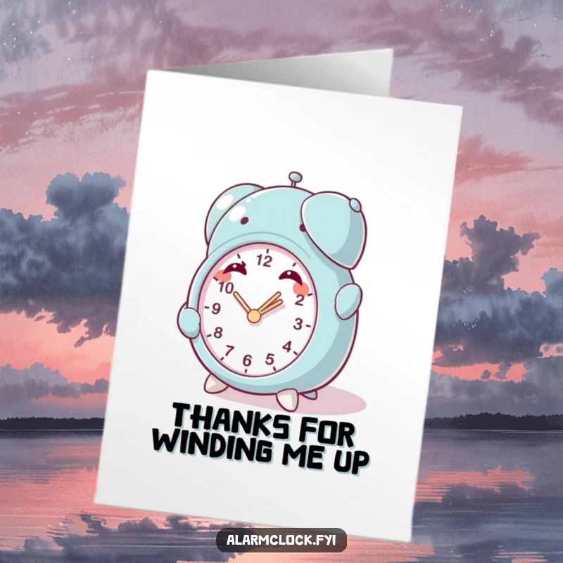 Funny Free Printable Thank You Card: Character with a mischievous grin winding a tiny alarm clock, a cheeky way to say thanks.