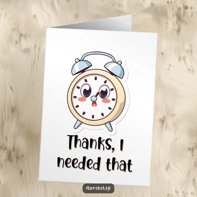Funny Free Printable Thank You Card: Wide-eyed alarm clock character looking startled by its own ring, a perfect humorous DIY expression of thanks.