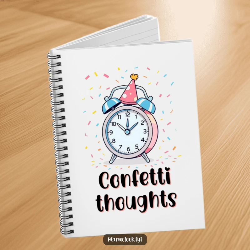 Funny notebook with a party-hat-wearing alarm clock spinning with confetti, great for planning joyful events.