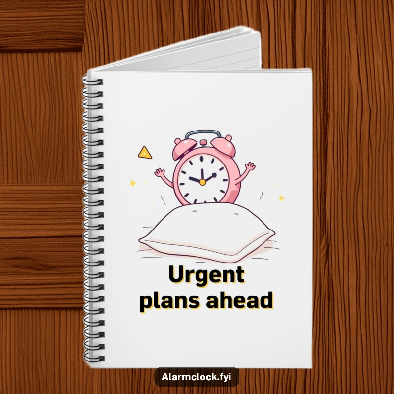 Funny notebook with a design of a frantic alarm clock jumping on a pillow, ideal for jotting down hurried thoughts.