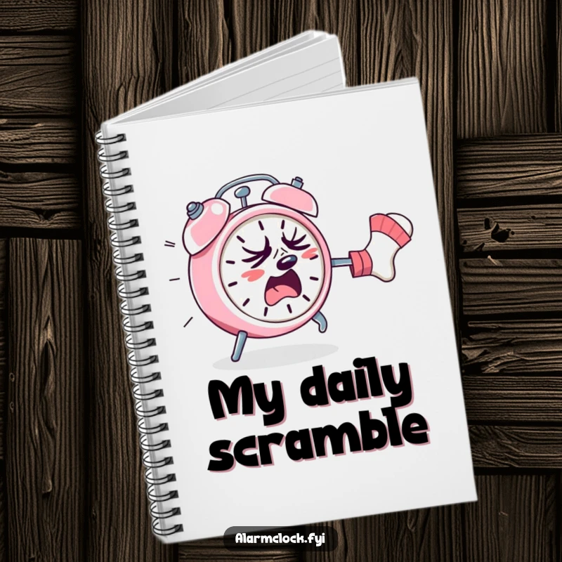 Funny notebook cover showing a sweating alarm clock running from a sock, ideal for jotting notes with a humorous flair.