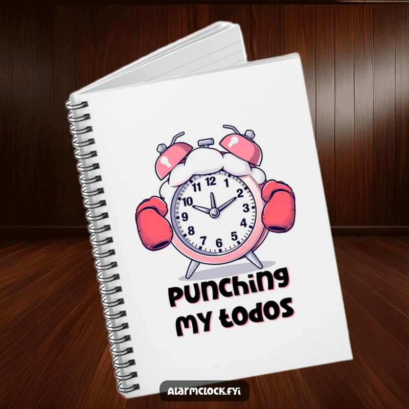 Funny notebook with a boxing alarm clock punching a cloud, great for jotting notes with a humorous touch.