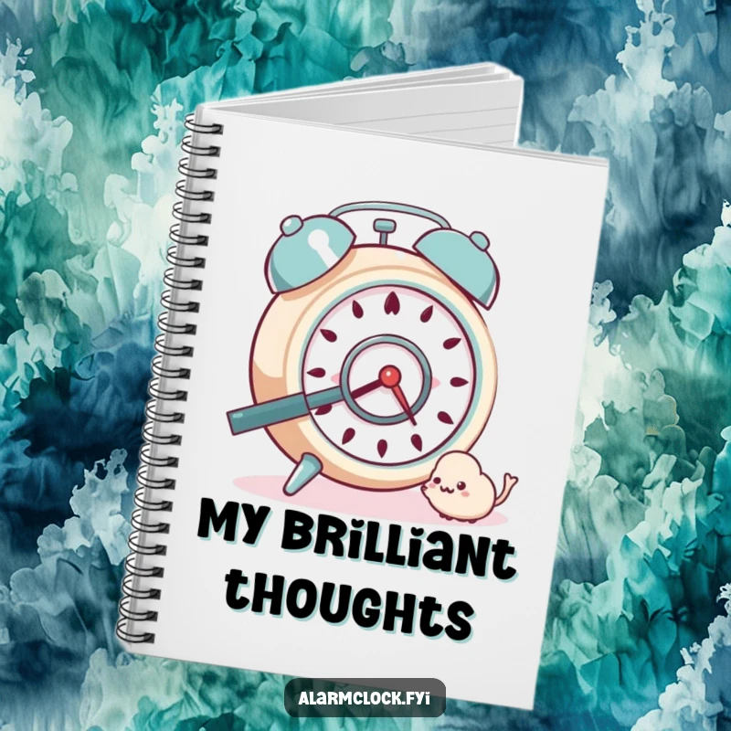 Funny Notebook: An inquisitive alarm clock character using a magnifying glass to inspect a small dust bunny.