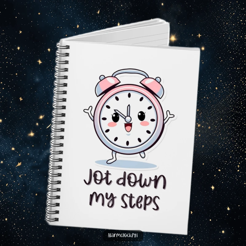 Funny notebook with a cheerful alarm clock character with tiny legs doing a happy dance, ideal for note-taking with morning cheer.