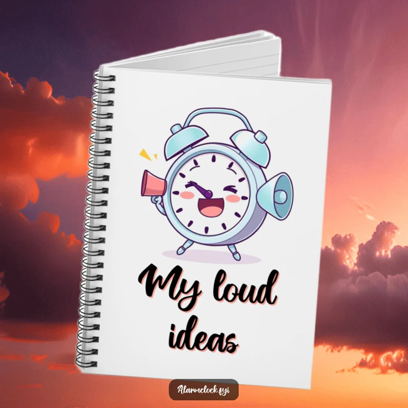 Funny Notebook: A determined alarm clock character shouting greetings through a megaphone, ready to record ideas.