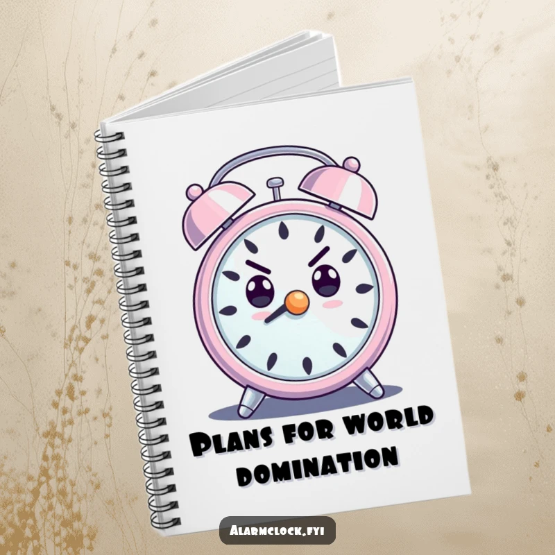 Funny notebook with a determined alarm clock character and a loud ring, symbolizing ambition and planning.