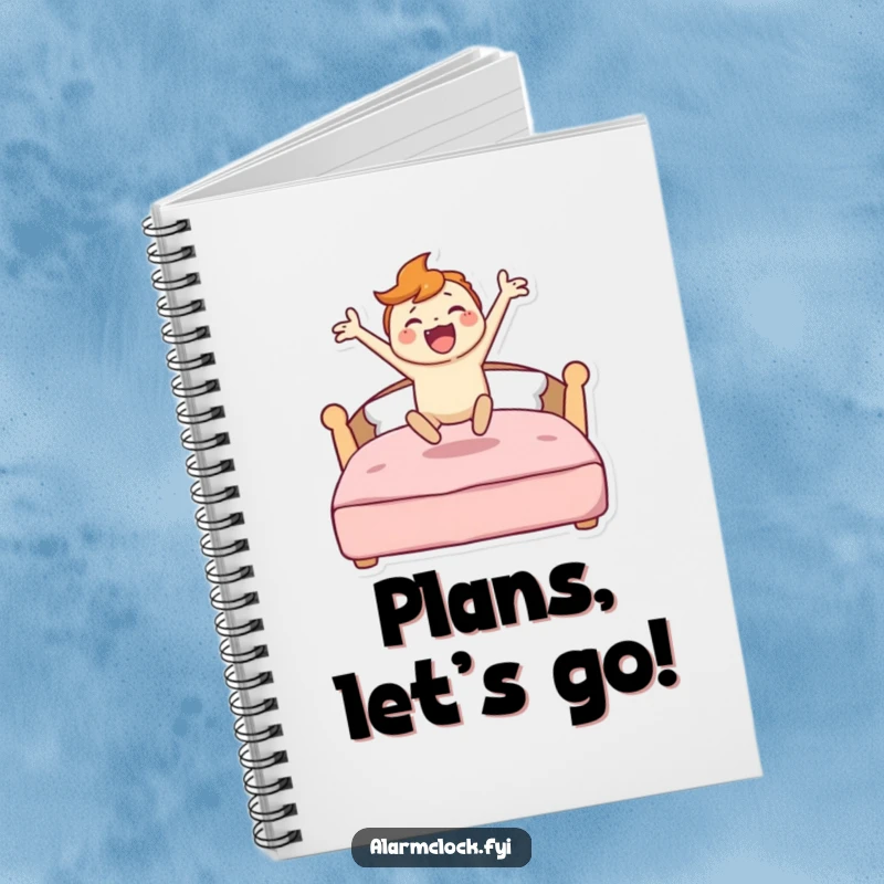 Funny notebook with a character energetically leaping from a bed, designed for capturing ideas with enthusiasm and vigor.