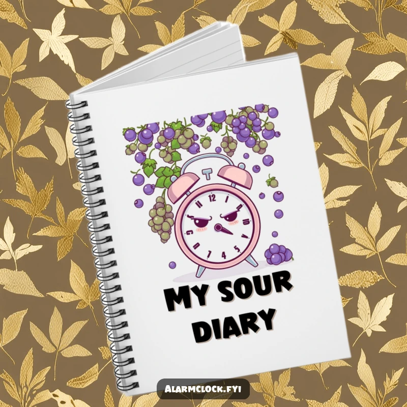 Funny notebook cover showing a grumpy alarm clock being pelted by tiny grapes, ideal for jotting notes with a humorous, frustrated theme.